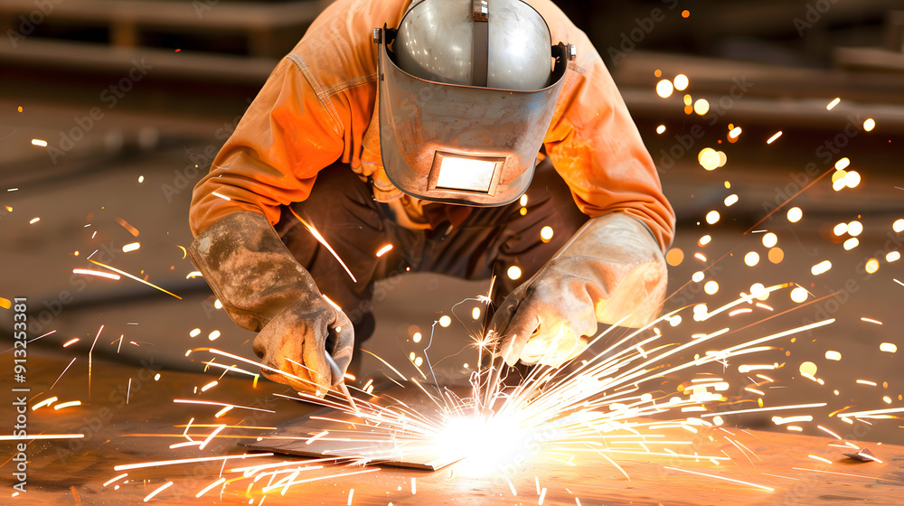Man in protective gear welding a metal sheet in a factory setting and sparks flying. Orange background. Man in protective gear welding a metal sheet in a factory setting and sparks flying. Orange background.
