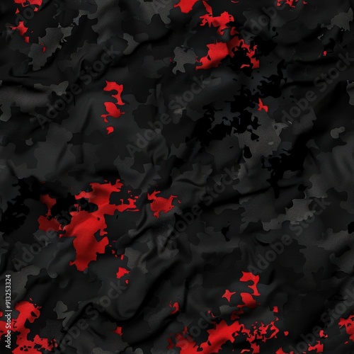 Abstract red and black camo pattern on crumpled leather.
