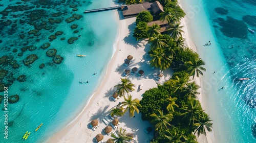 A tropical paradise with Ariel view of see