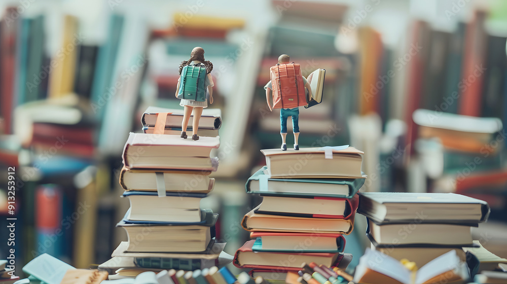 Obraz premium Micro-sized teachers with books and students with backpacks balanced on heaps of school supplies 
