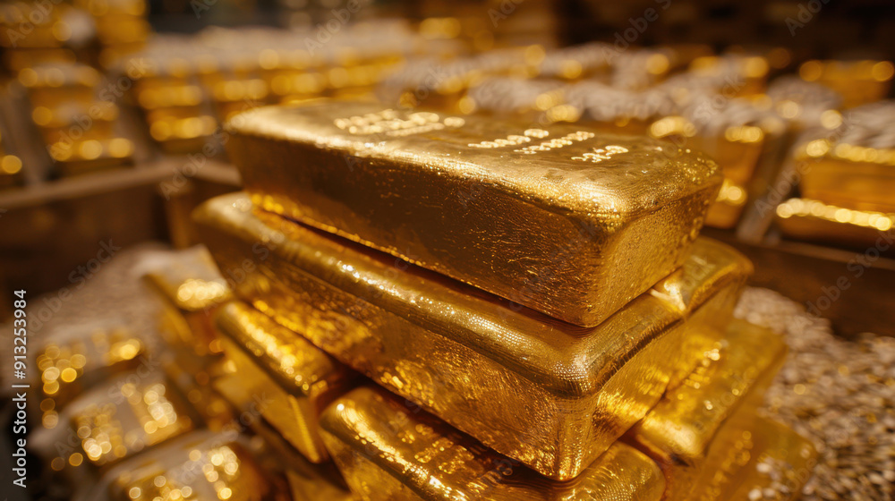 Stacks of gold bars piled in a secure vault, representing wealth, investment, and the value of precious metals. Stacks of gold bars piled in a secure vault, representing wealth, investment, and the value of precious metals.