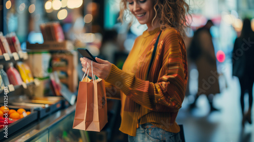 A young woman is depicted holding a smartphone and taking a selfie while shopping. She is smiling brightly, wearing a mustard-colored sweater, and carrying shopping bags. The background shows a variet photo