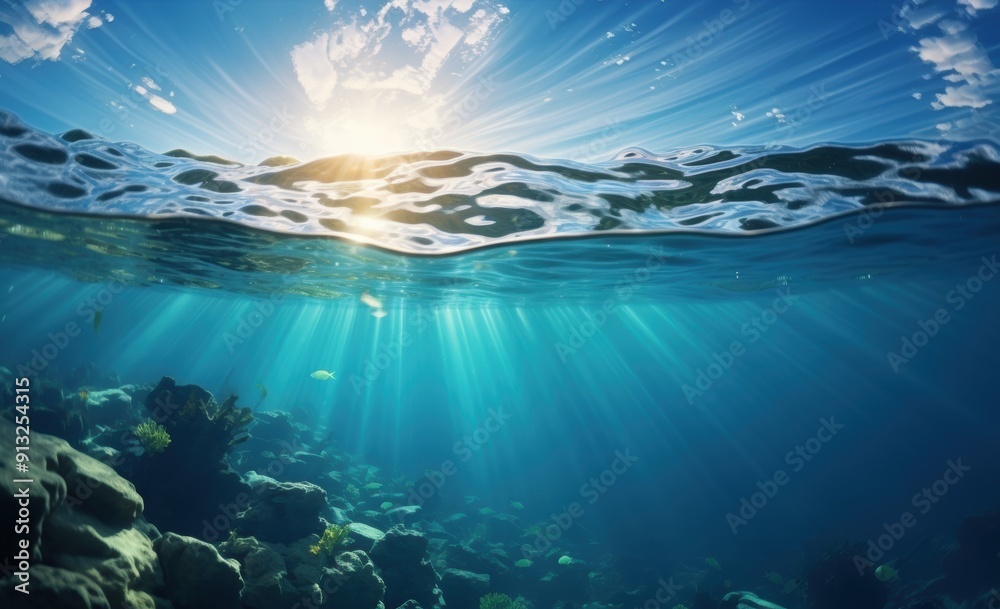 Naklejka premium Split underwater view with sunny sky and serene sea