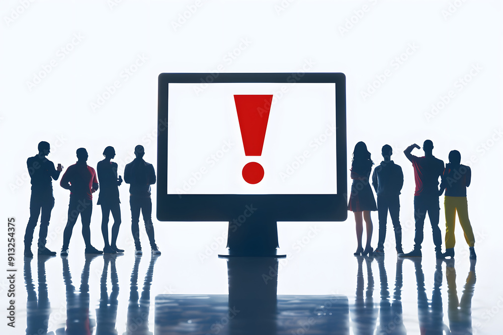 A large computer monitor displaying a red warning triangle design, A ...