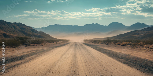 A long desert road with mountains in the background, dusty and sandy