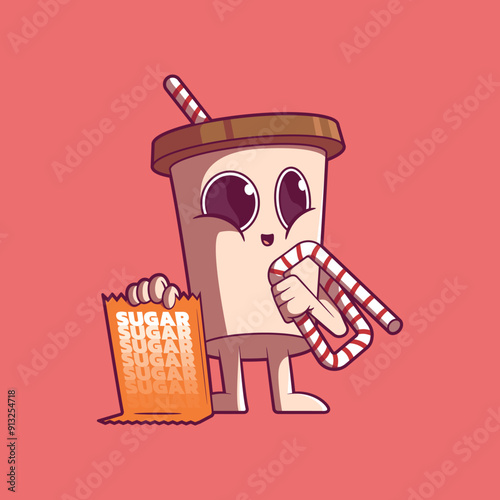 Coffee cup character holding a straw vector illustration. Energy, drinks design concept.