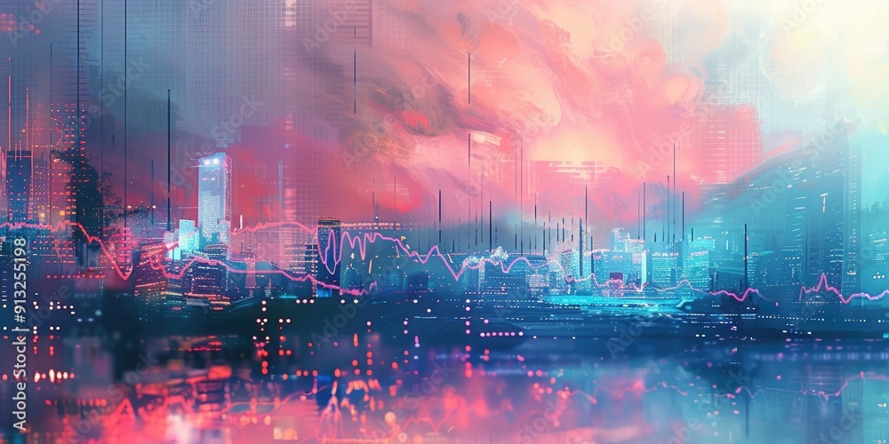Fototapeta premium Abstract cityscape with pink and blue hues.