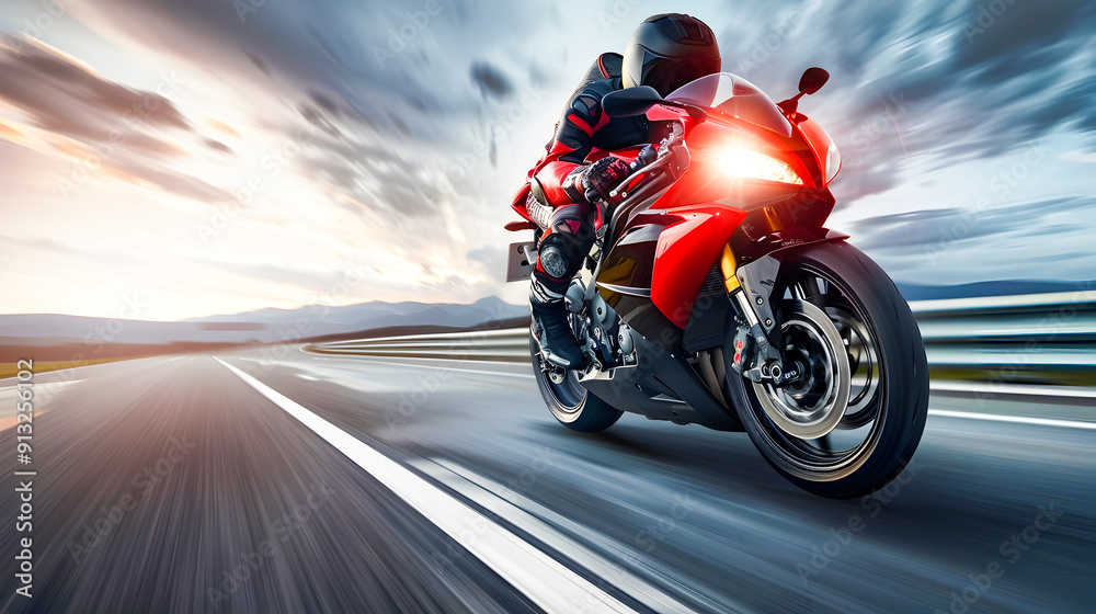 Fototapeta premium Cheetah Professional Motorbike Racer Speeding on the Scenic Night Road with High Speed and Adrenaline Fueled Thrill