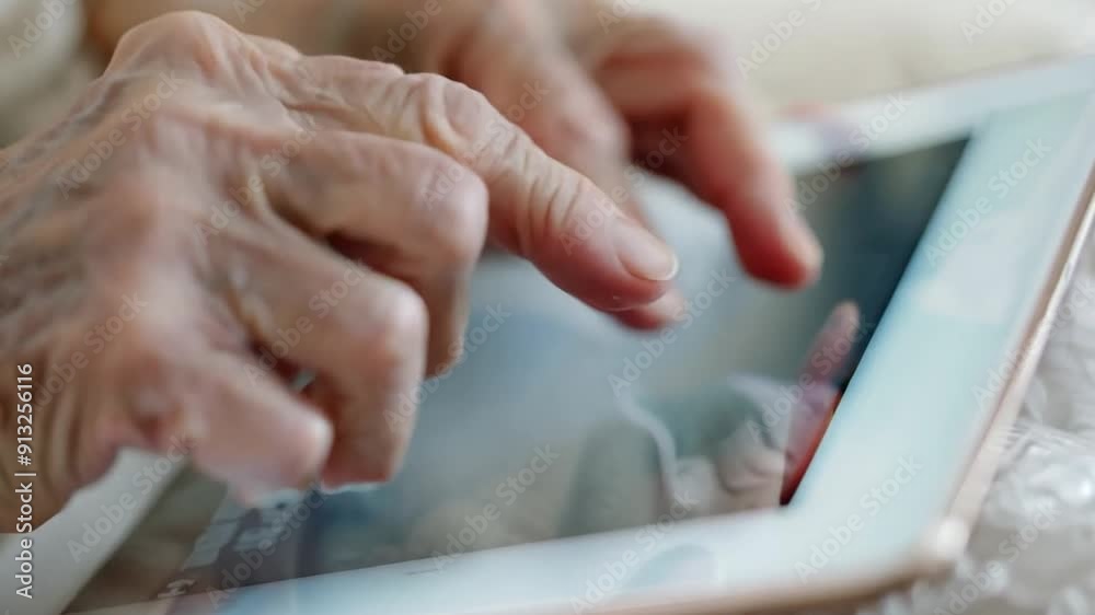 Elderly hands tapping on digital tablet screen in slow motion techno video footage