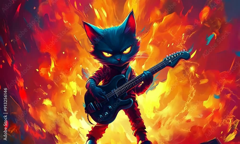 Gato de dibujos animados guitarrista en el escenario