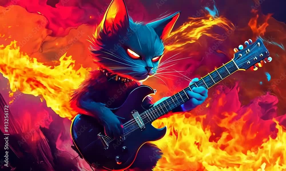 Cartoon cat rock guitarist on stage with fire