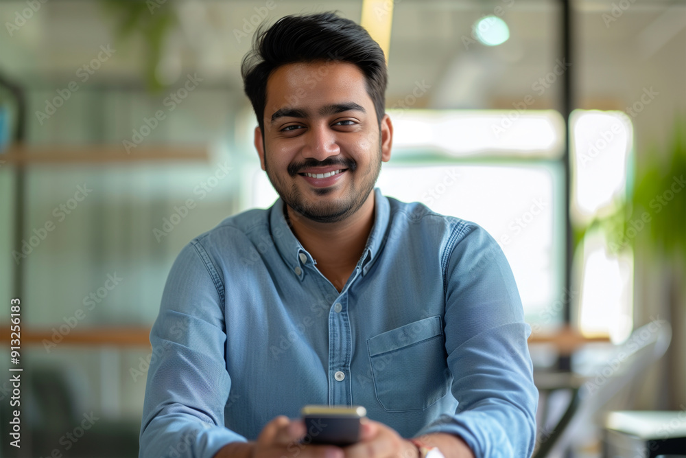 A young businessman sitting at a desk holding a cell phone looking at the camera smiling in a modern office.
