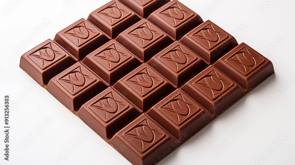 Fototapeta premium Close view of chocolate, front view from above, studio lighting, isolated white background.