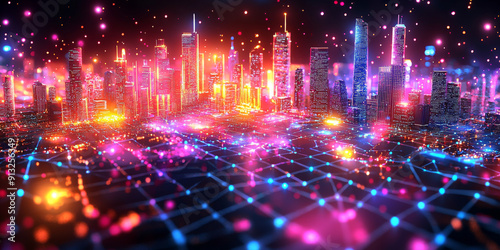 A digital concept of a smart city skyline over a network grid with floating particles, depicted in blue tones against a dark background