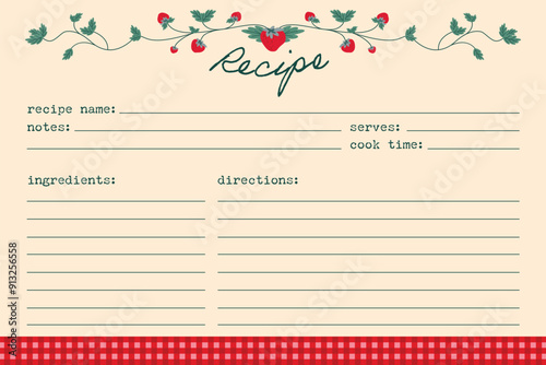 Recipe card template with strawberry and leaves illustration