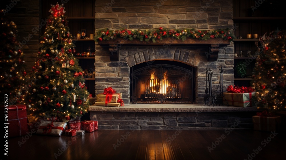 Decorated Christmas trees and fireplace with a roaring fire in a rustic home. Decorated Christmas trees and fireplace with a roaring fire in a rustic home.