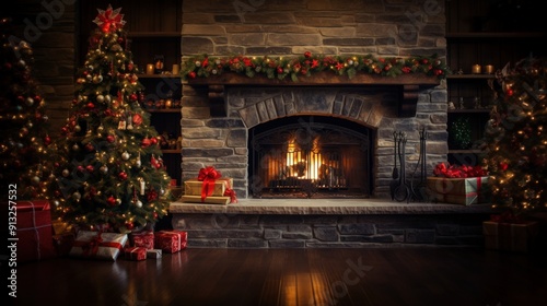 Decorated Christmas trees and fireplace with a roaring fire in a rustic home.