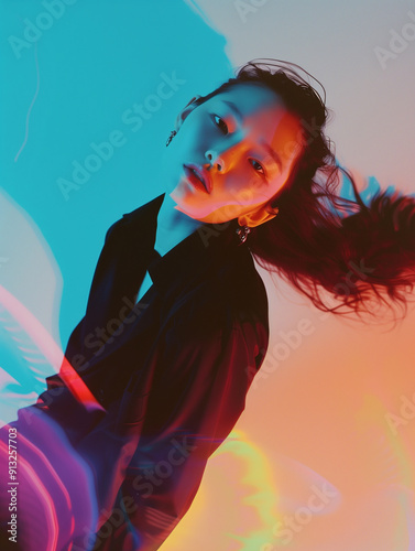 Young Woman With Flowing Hair Posing Against Vibrant Colorful Background in Studio