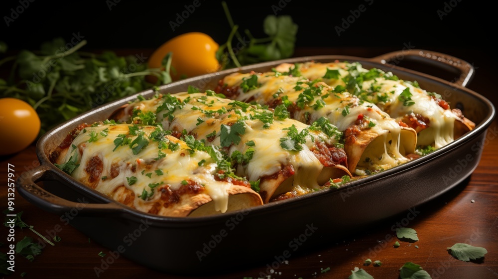 Close view of enchiladas, front view from above, studio lighting, isolated white background. Close view of enchiladas, front view from above, studio lighting, isolated white background.