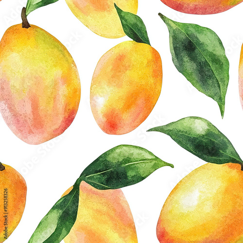 Exotic Tropical Mango Watercolor Seamless Pattern Design with Isolated White Background
