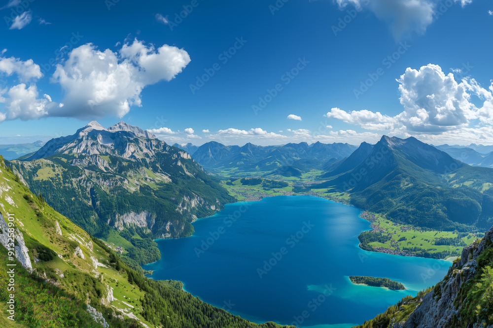 Beautiful colourful landscape of a blue lake in a green valley surrounded by mountains Beautiful colourful landscape of a blue lake in a green valley surrounded by mountains
