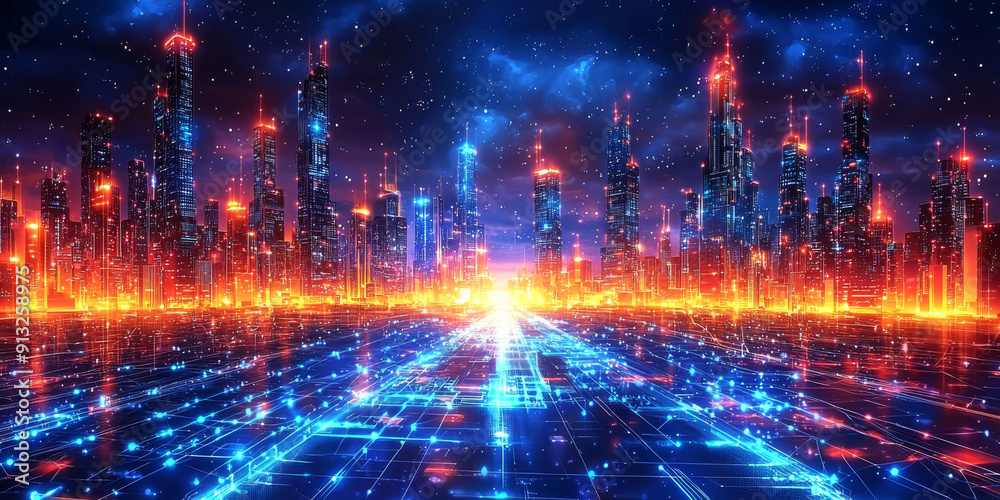 Fototapeta premium A digital concept of a smart city skyline over a network grid with floating particles, depicted in blue tones against a dark background