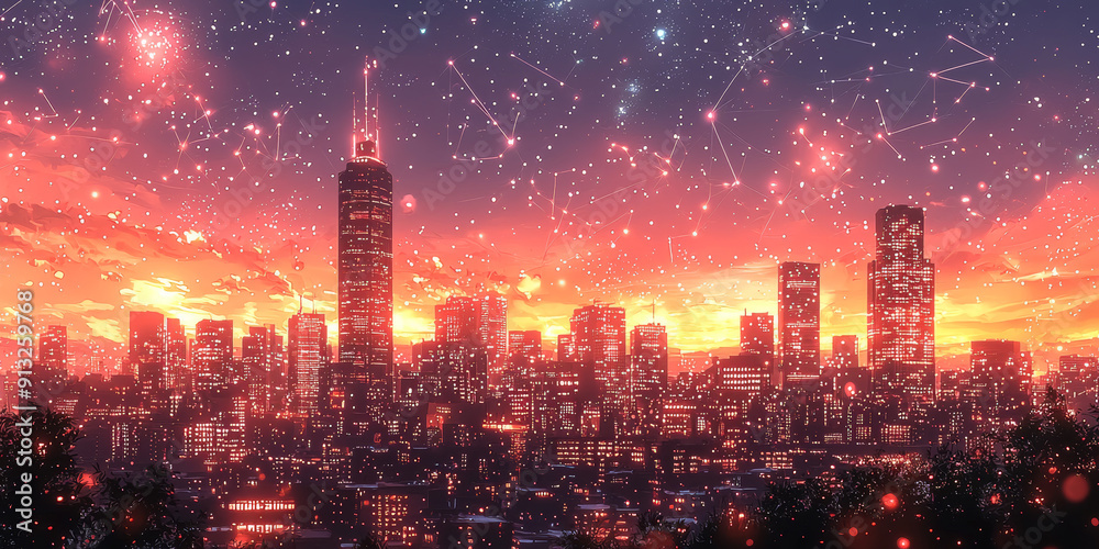 A digital concept of a smart city skyline over a network grid with floating particles, depicted in blue tones against a dark background A digital concept of a smart city skyline over a network grid with floating particles, depicted in blue tones against a dark background