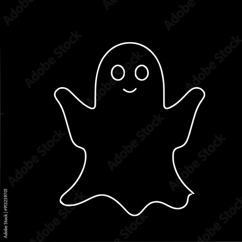 Simple one line vector image of a stylized ghost white lines on a black background