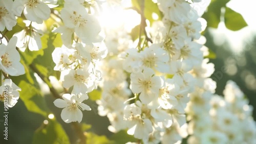 A close up of a bunch of white flowers with the sun shining on them. The flowers are in full bloom and the sunlight is casting a warm glow on them. The scene is peaceful and serene, with the flowers