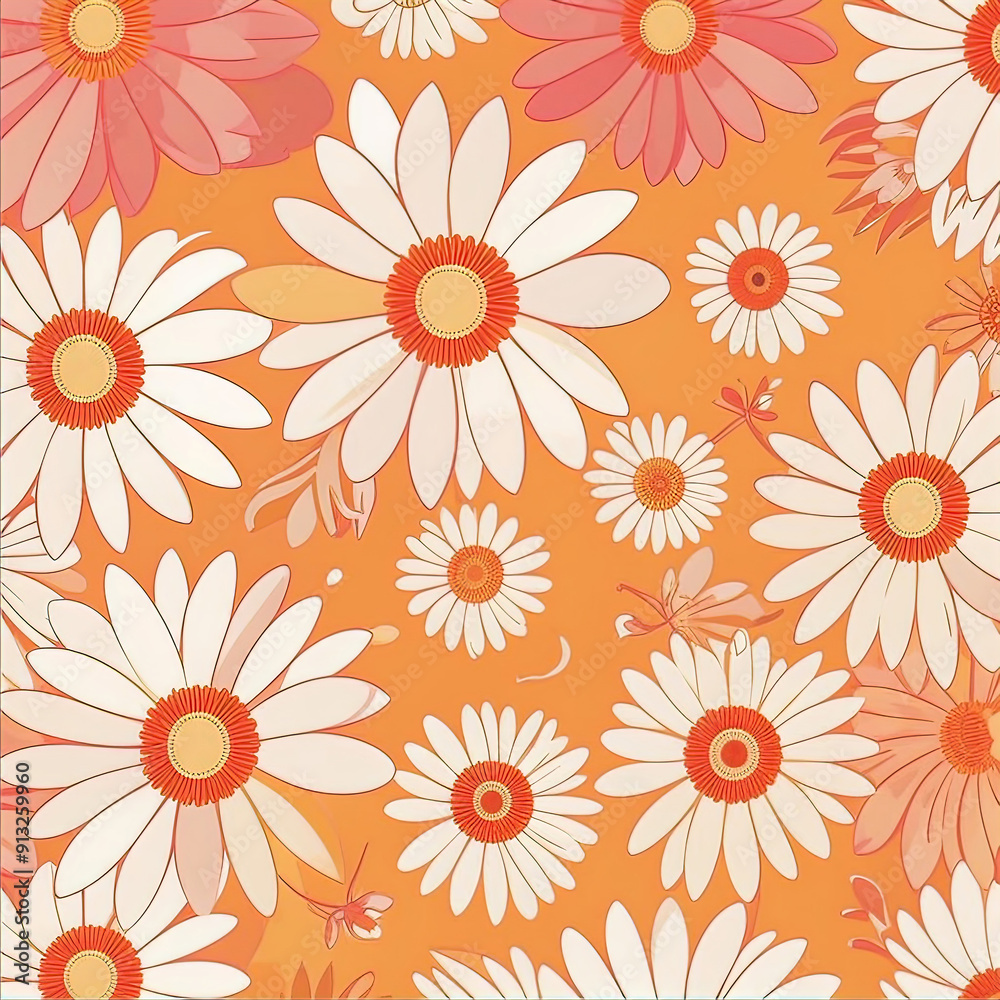 repeating gerbera patterns in shades of coral and peach, small geometric shapes between the flowers for contrast. a wonderful decoration for wallpaper or fabric, repeating gerbera patterns in shades of coral and peach, small geometric shapes between the flowers for contrast. a wonderful decoration for wallpaper or fabric,
