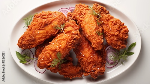 Close view of fried chicken, front view from above, studio lighting, isolated white background. photo