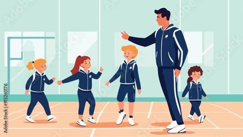 Gym Teacher Leading a PE Class: Vector Design