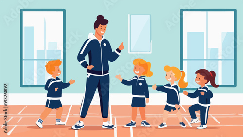 Vector Illustration of a Gym Teacher with Students in Physical Education Class