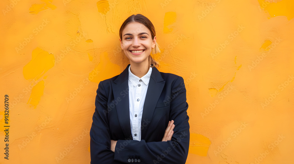 Photo of woman with blonde hair in a business suit smiling at the camera against an orange background Photo of woman with blonde hair in a business suit smiling at the camera against an orange background
