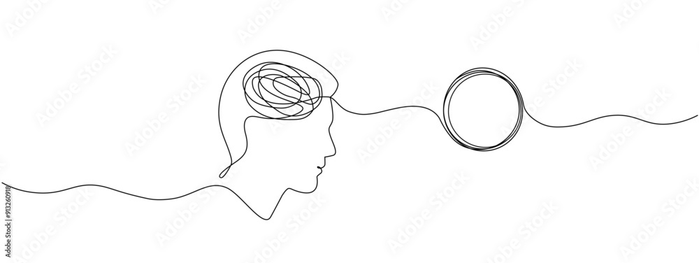 Head with tangled knot and unraveling thread of thoughts drawn in one continuous line. Concept of psychotherapy, mental health, problem solving . Vector editable line illustration. Head with tangled knot and unraveling thread of thoughts drawn in one continuous line. Concept of psychotherapy, mental health, problem solving . Vector editable line illustration.