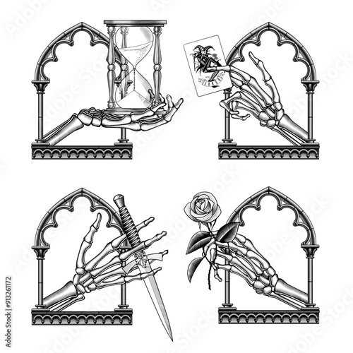 A set of icons of skeleton hands in a gothic window frame with a hourglass, a Joker playing card, a rose flower and an old dagger. Vector illustration in 
vintage engraving style