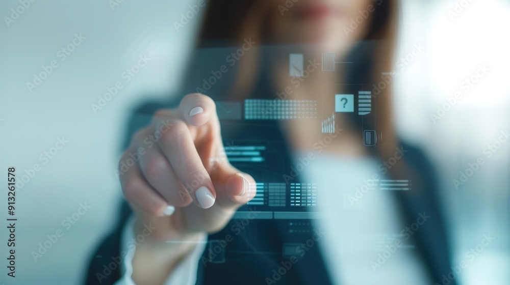 Futuristic Business Control: Professional Woman Gesturing in Tech Environment Futuristic Business Control: Professional Woman Gesturing in Tech Environment