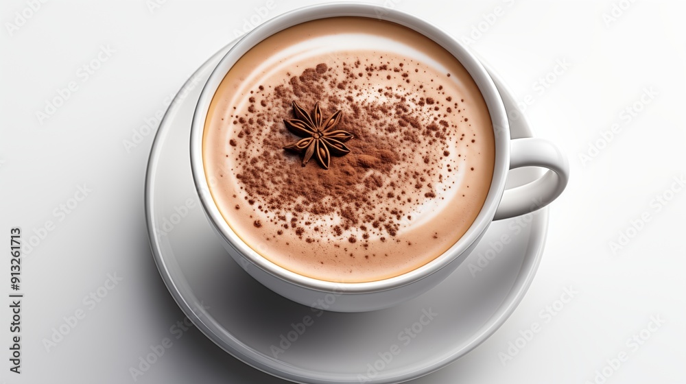 Close view of hot chocolate, front view from above, studio lighting, isolated white background. Close view of hot chocolate, front view from above, studio lighting, isolated white background.