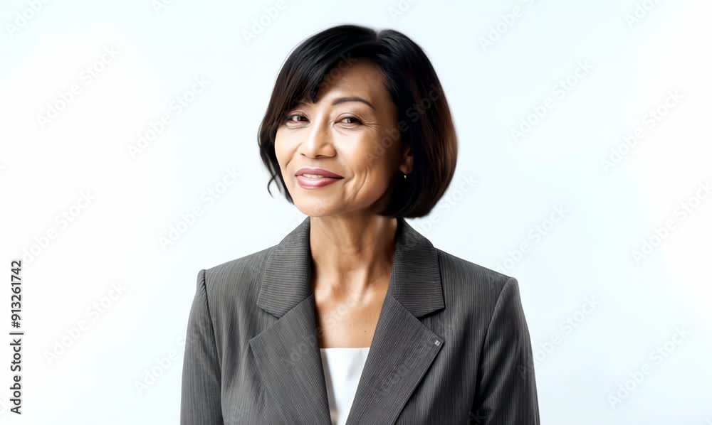 Medium shot portrait of a Indonesian woman in her 40s in a white background wearing a classic blazer Medium shot portrait of a Indonesian woman in her 40s in a white background wearing a classic blazer