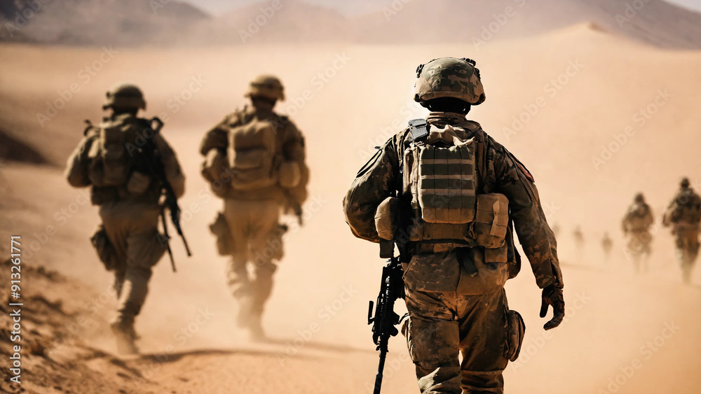 Military troops on the way to the battlefield in desert, widescreen 16:9, 300 dpi, with space for text