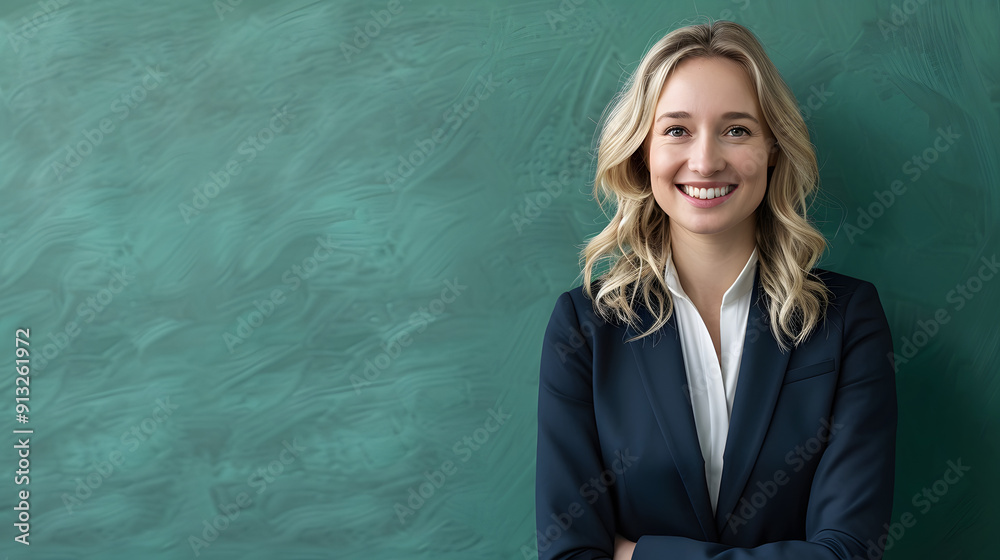 Photo of woman with blonde hair in a business suit smiling at the camera against a green background Photo of woman with blonde hair in a business suit smiling at the camera against a green background