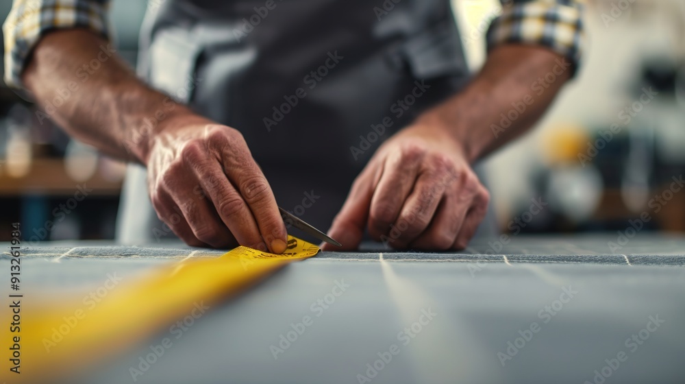 Skilled Tailor Ensuring Precision: Measuring Fabric in Traditional Workshop with Expertise Skilled Tailor Ensuring Precision: Measuring Fabric in Traditional Workshop with Expertise