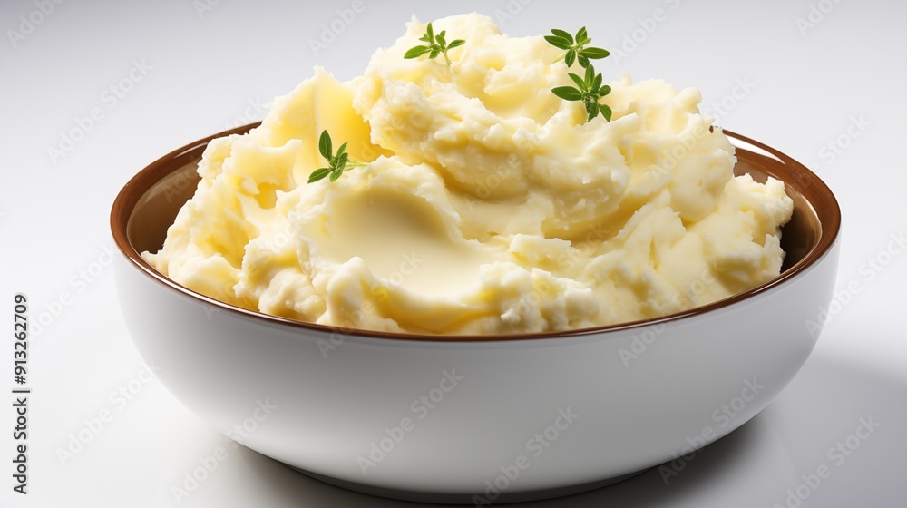 Close view of mashed potatoes, front view from above, studio lighting, isolated white background. Close view of mashed potatoes, front view from above, studio lighting, isolated white background.