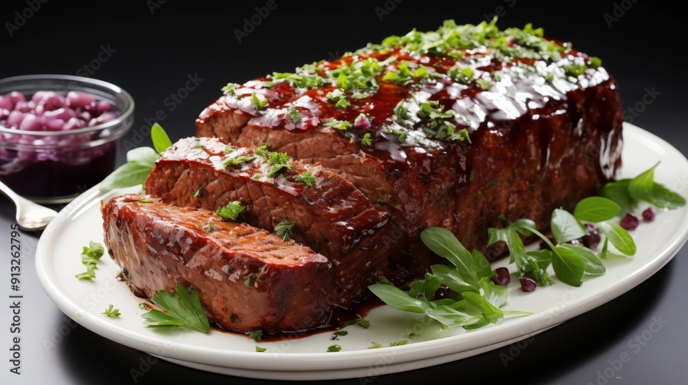 Close view of meatloaf, front view from above, studio lighting, isolated white background. Close view of meatloaf, front view from above, studio lighting, isolated white background.