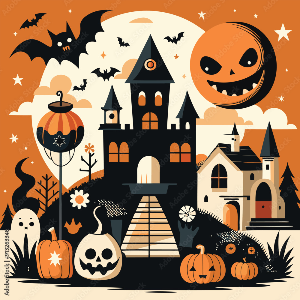 A Halloween poster with a spooky house on the top A Halloween poster with a spooky house on the top