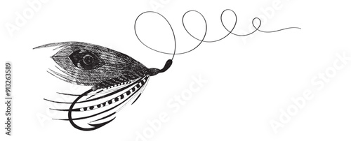 Fly fishing lure. Classic fly tied with feathers. Hand-drawn fishing hook in ink.