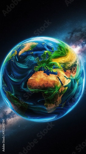 A blue and green planet with a white star in the background