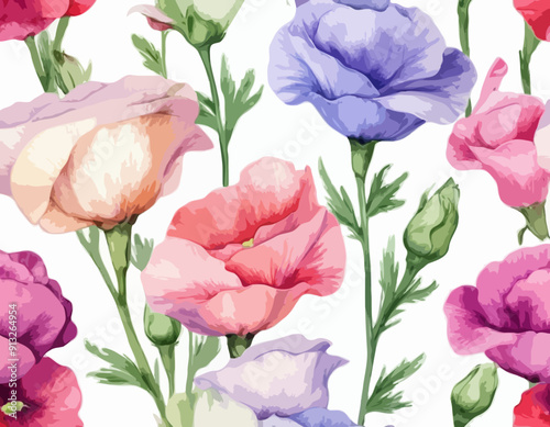 Vector illustration, bud of eustoma and sweet pea. Bright flowers in a watercolor style
