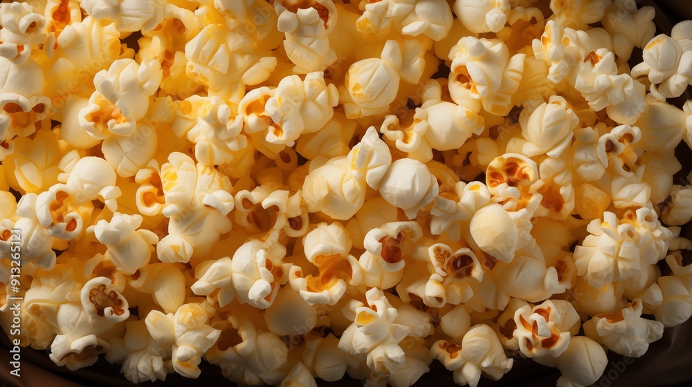 Close view of popcorn, front view from above, studio lighting, isolated white background. Close view of popcorn, front view from above, studio lighting, isolated white background.