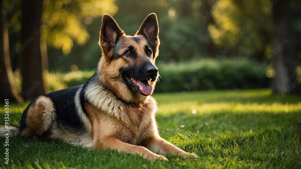 A large black and brown dog is laying on the grass A large black and brown dog is laying on the grass